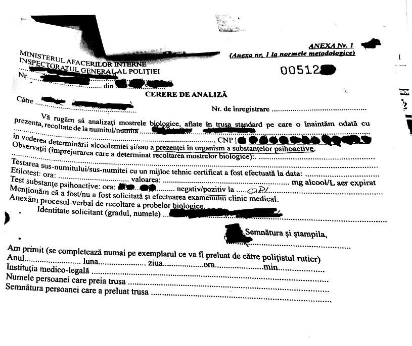 cerere analiza drug test, droguri la volan