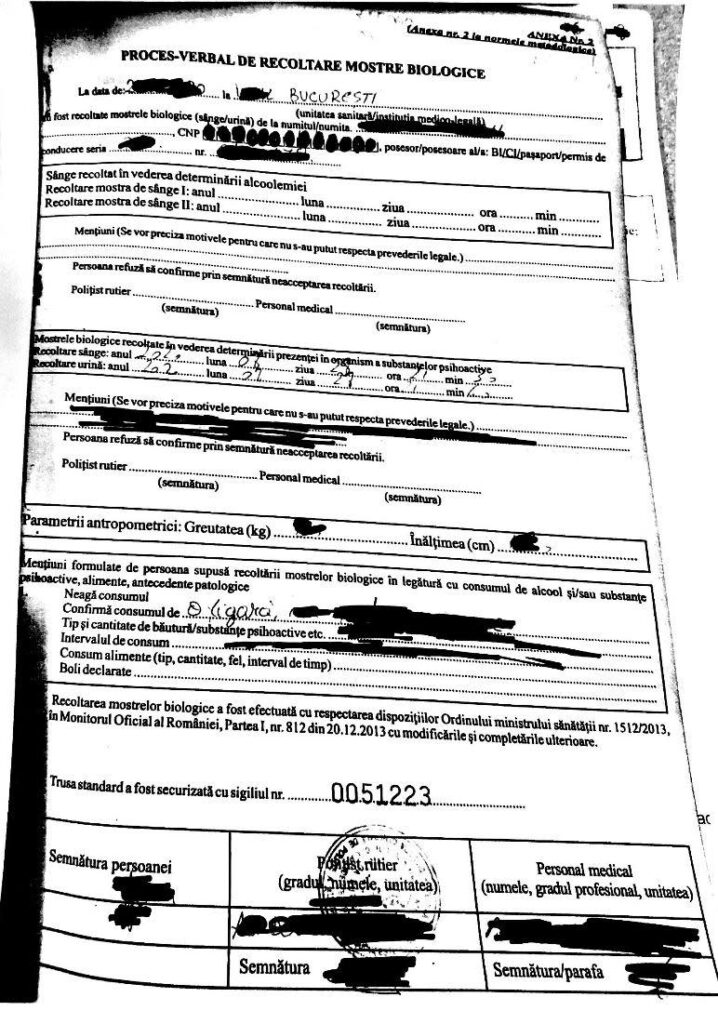 proces verbal droguri la volan, recoltare mostre biologice