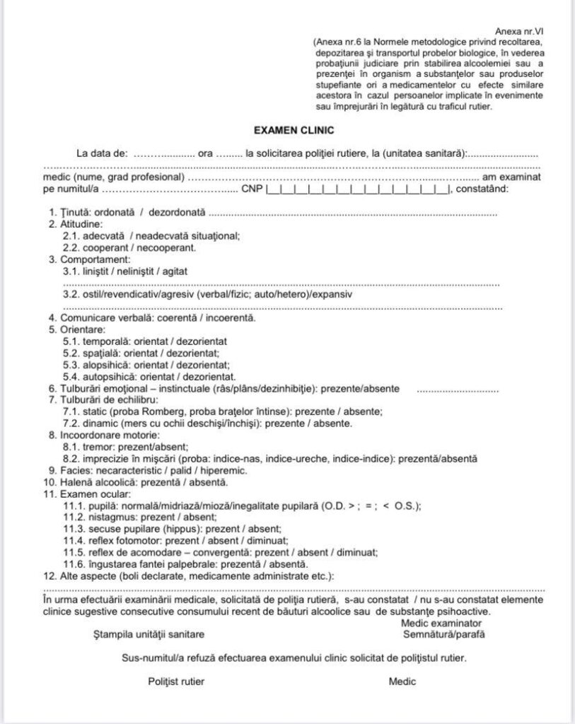 cum arata examenul clinic pentru droguri la volan, raport clinic
