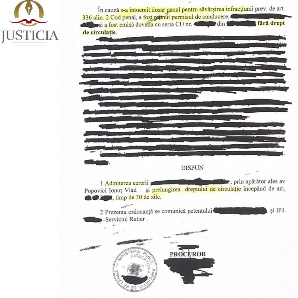 
Reținerea permisului și prelungirea dreptului de circulație în cazul
art 336 din Codul penal - conducere sub influența drogurilor sau conducere sub influența alcoolului

